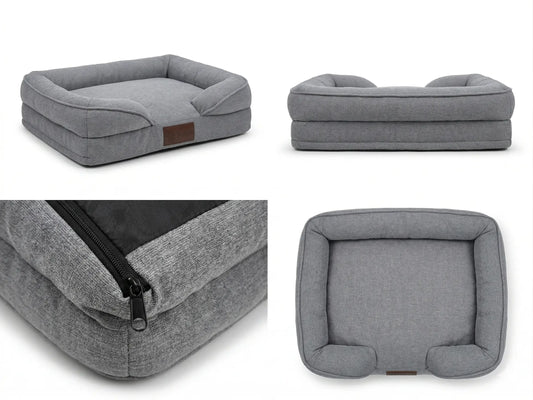 Detalles de fabricación de cama para perro gris: cierre reforzado, base antideslizante y costuras de alta calidad.