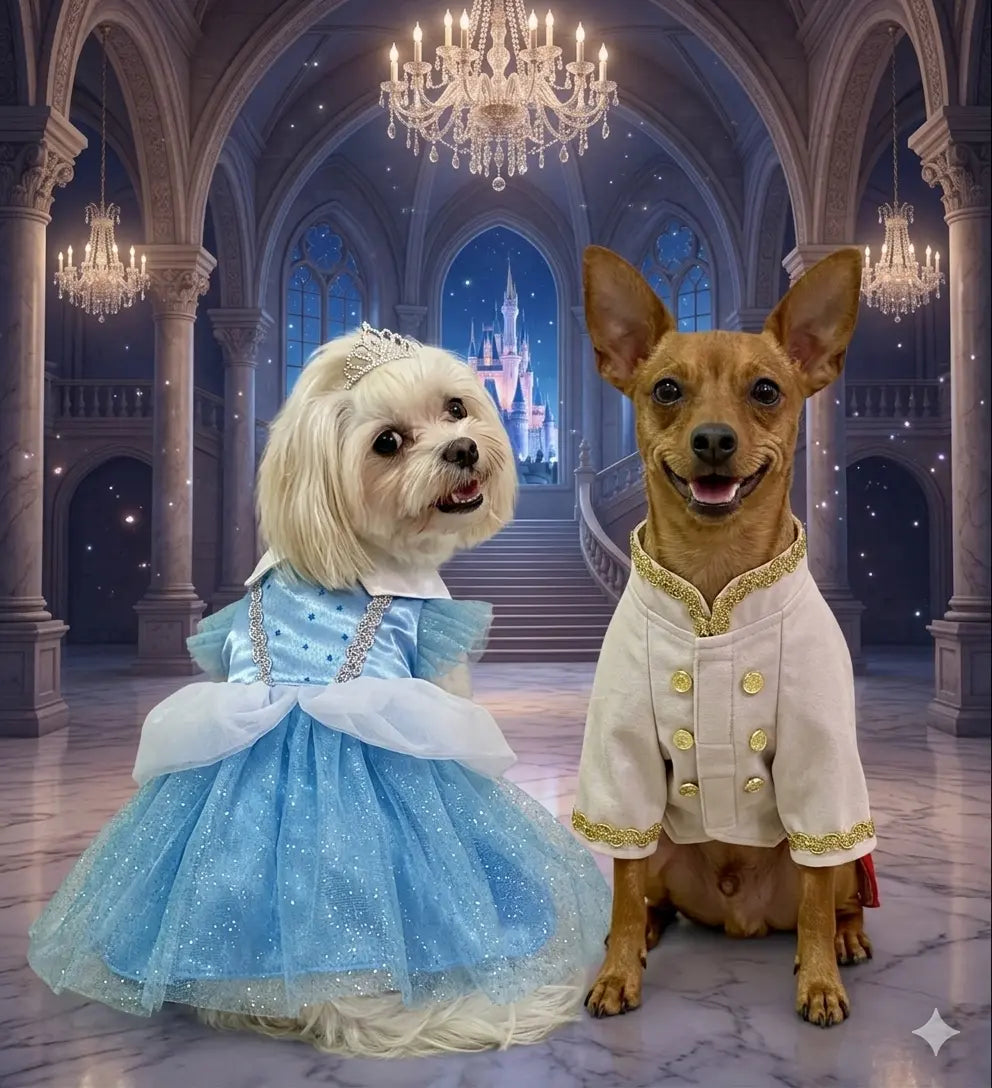 Perros con disfraces de Aurora y Príncipe en conjunto de pareja