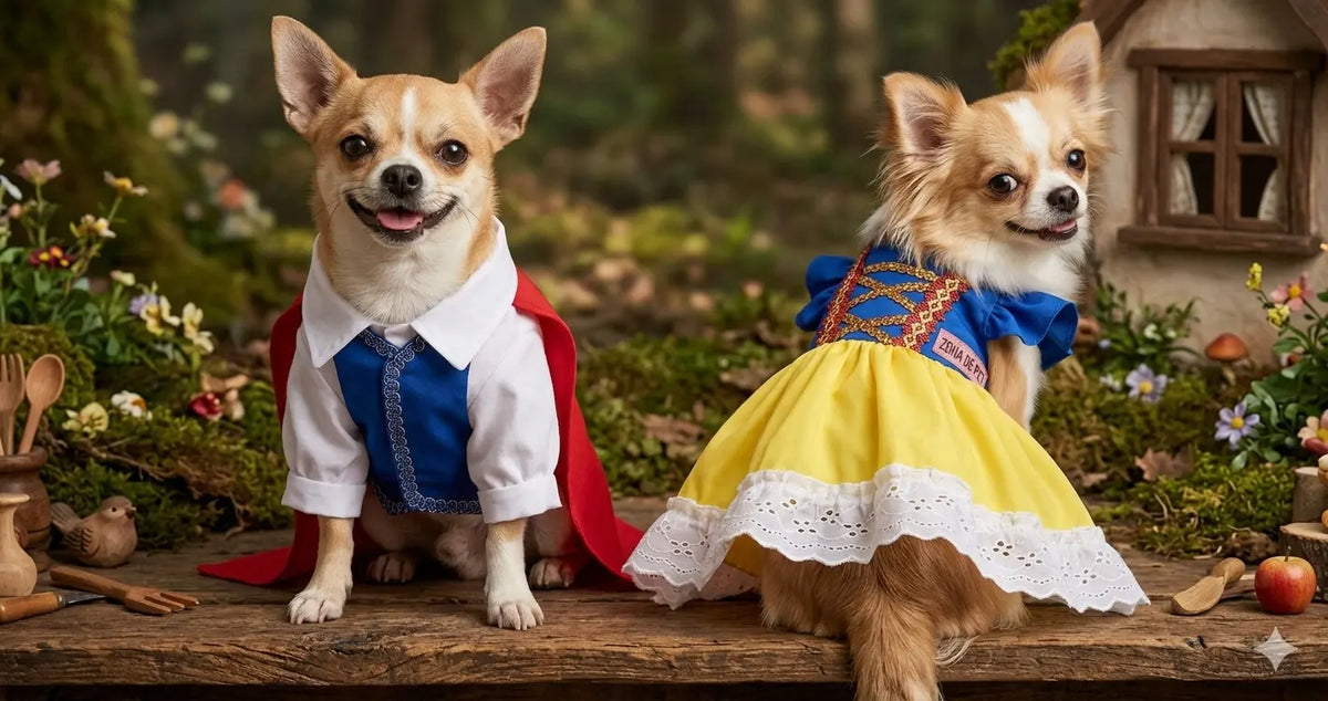 Pareja de perros con disfraces de Blancanieves y Príncipe, inspirados en un cuento clásico de fantasía y ambientados en un bosque