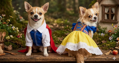 Pareja de perros con disfraces de Blancanieves y Príncipe, inspirados en un cuento clásico de fantasía y ambientados en un bosque