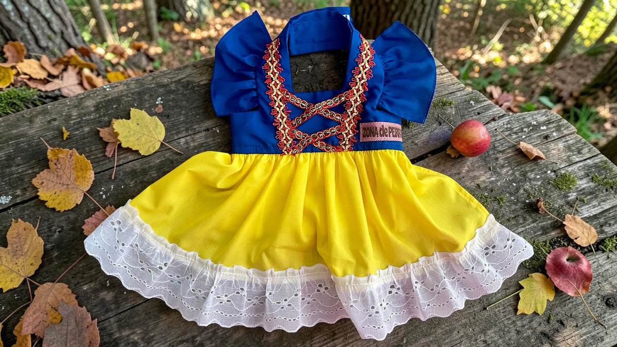 Disfraz de Blancanieves para perro con vestido inspirado en un cuento clásico, en colores amarillo, azul y rojo con detalles de fantasía