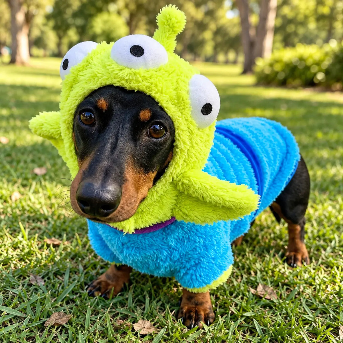 Perro salchicha con disfraz de alienígena para Halloween