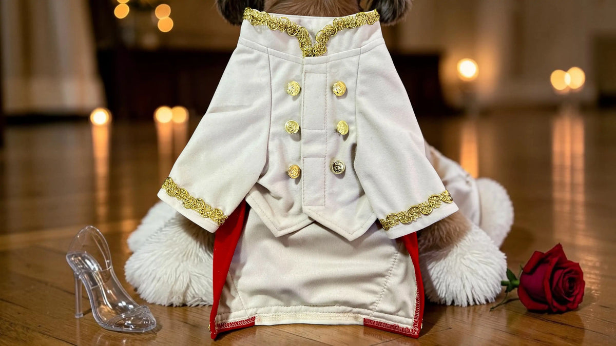 Disfraz de Principe para perro chaleco blanco con detalles dorados y botones dorados 