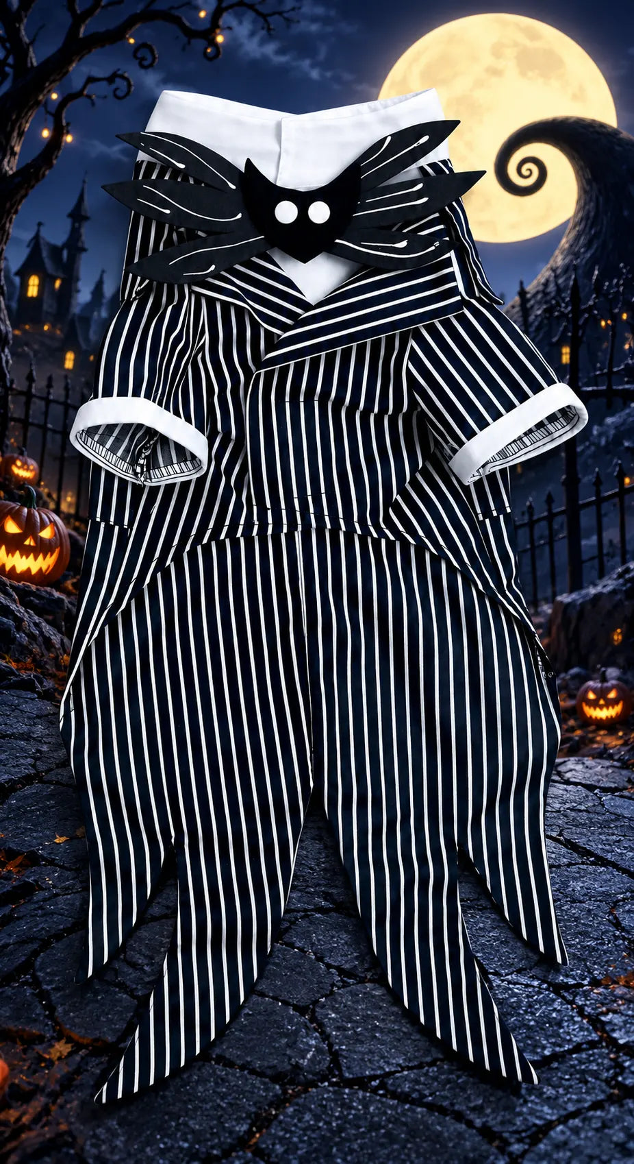 Disfraz de Jack Skellington para perro inspirado en El extraño mundo de Jack, mostrado de cuerpo completo sobre fondo claro, con diseño de traje a rayas negras y blancas y capa tipo murciélago.