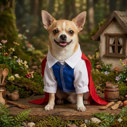 Perro con disfraz de príncipe inspirado en un cuento clásico, con traje azul, camisa blanca y detalles elegantes de fantasía