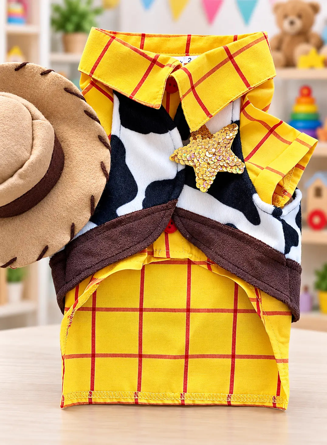 Disfraz de Woody para perro inspirado en un vaquero del viejo oeste, con camisa amarilla a cuadros, chaleco y detalles del traje, mostrado de cuerpo completo.