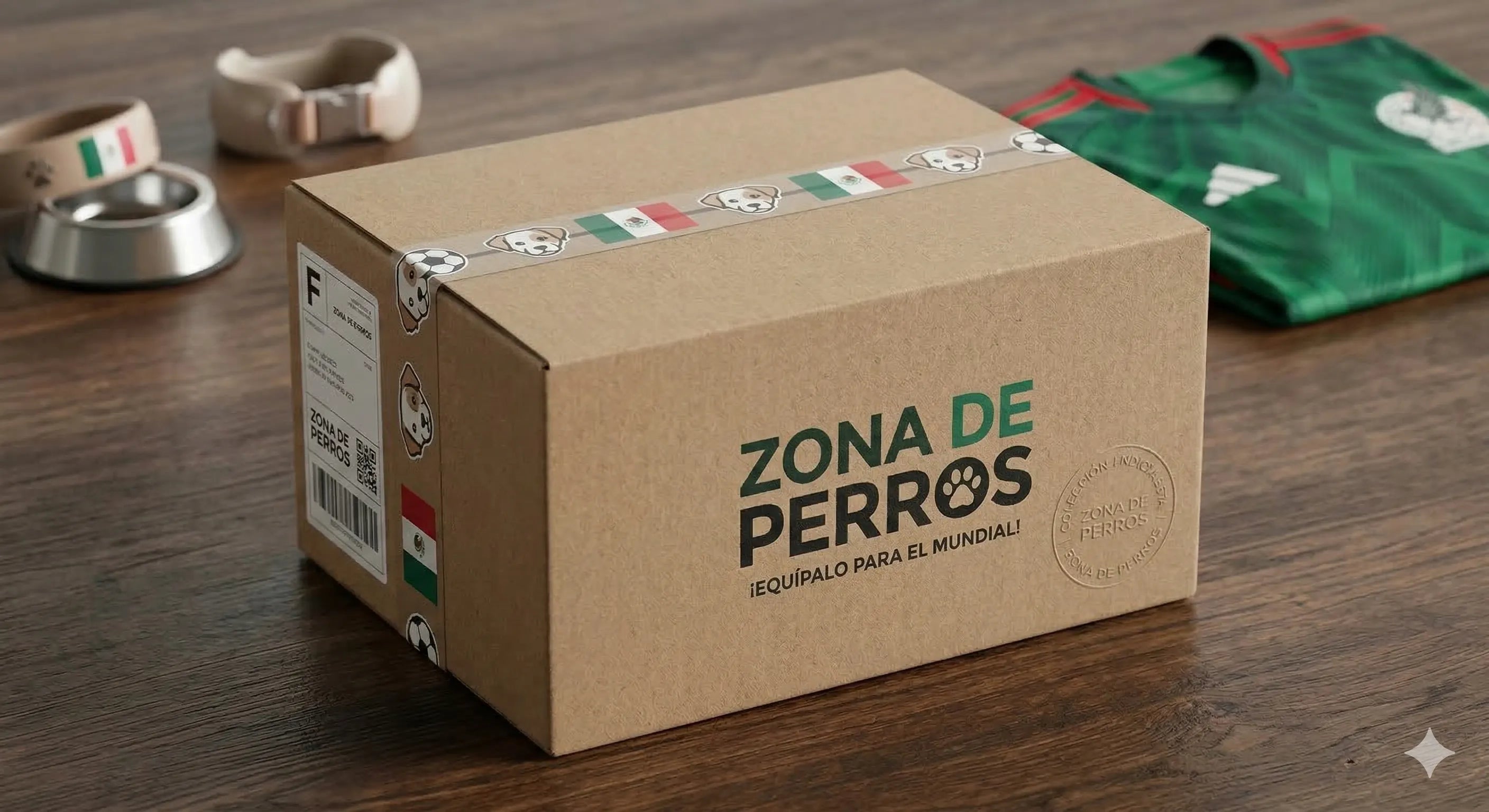 Caja de cartón de envíos de ZONA DE PERROS para ropa de mascota, sellada con cinta adhesiva de la bandera de México y balones de fútbol, frente a un jersey verde y platos metálicos.
