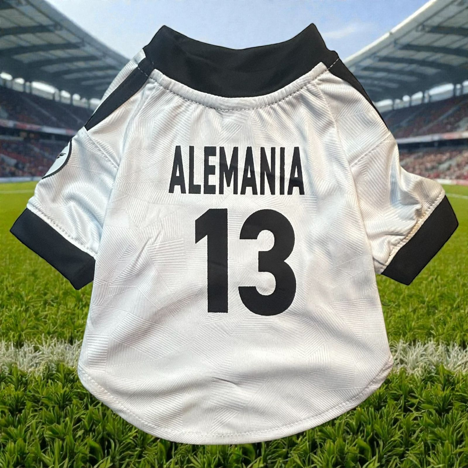 Parte trasera de la playera de Alemania para perro con el número 13, mostrando el diseño deportivo y el espacio para personalizar con el nombre de tu mascota