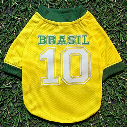Parte trasera del jersey de Brasil para perro con el número 10, listo para personalizarse con el nombre de tu mascota