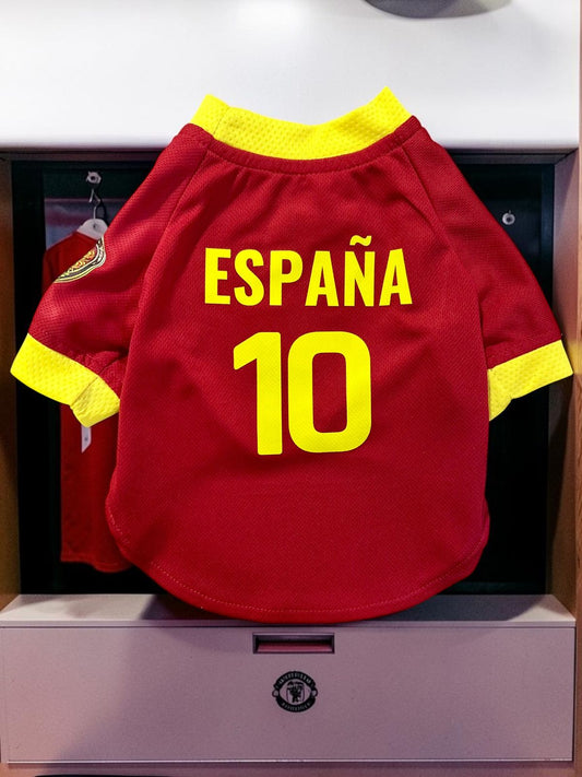 Jersey para perro España número 10, vista trasera, rojo y amarillo, ropa deportiva mascotas