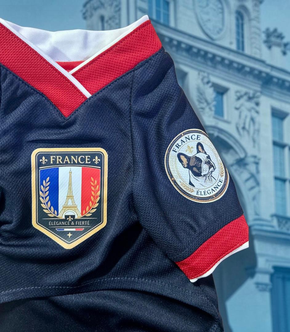 Detalle escudo estilo galo con Torre Eiffel y parche Bulldog Francés en jersey para perro