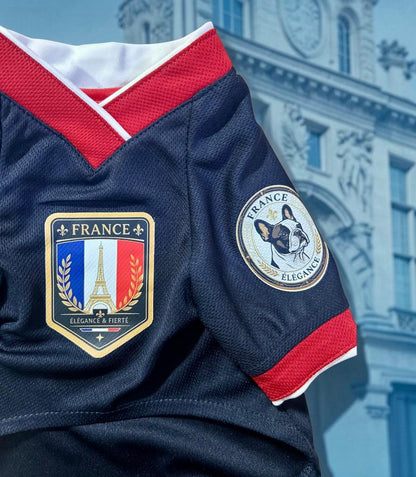 Detalle escudo estilo galo con Torre Eiffel y parche Bulldog Francés en jersey para perro