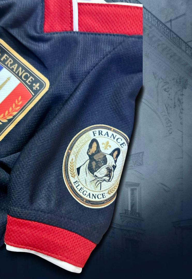 Parche France Élégance con Bulldog Francés en jersey deportivo azul para perro, detalle manga