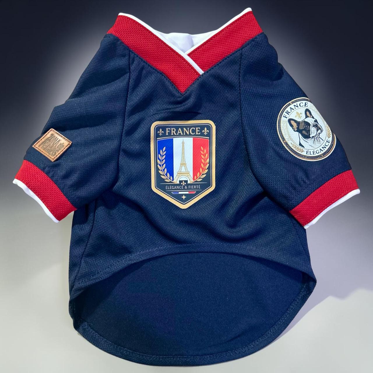 Jersey fútbol perro azul tricolor frente completo, tela mesh transpirable para mascotas