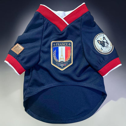 Jersey fútbol perro azul tricolor frente completo, tela mesh transpirable para mascotas