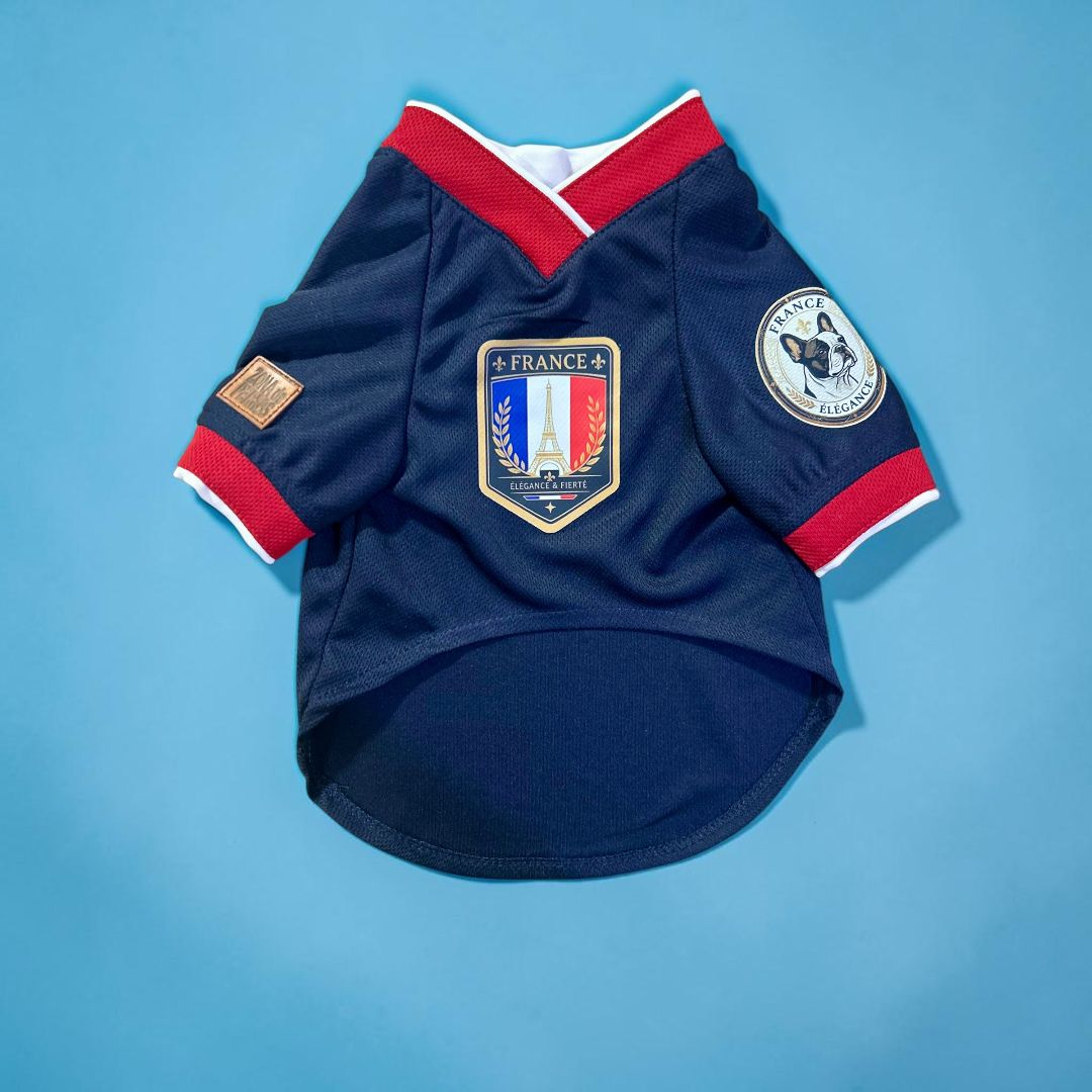 Jersey fútbol perro Francia azul tricolor vista frontal, ropa deportiva mascotas personalizable