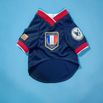 Jersey fútbol perro Francia azul tricolor vista frontal, ropa deportiva mascotas personalizable