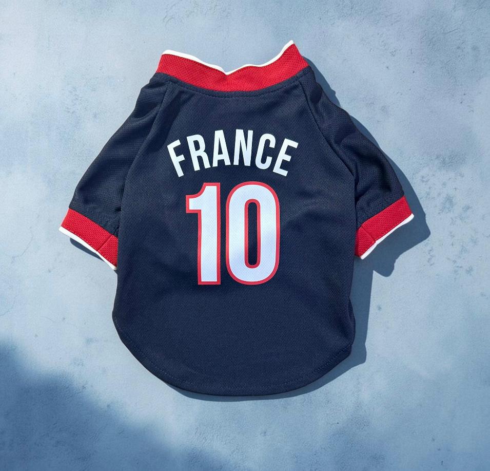 Jersey perro Francia espalda con nombre y número personalizable, azul rojo y blanco
