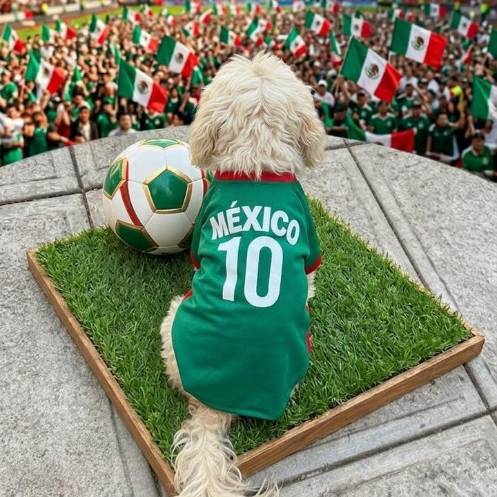 Perro pequeño blanco de espaldas usando jersey verde de la selección de México para mascota con el número 10, mirando hacia la cancha de un estadio de fútbol lleno