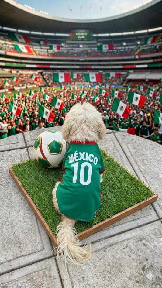 Perro pequeño blanco de espaldas usando jersey verde de la selección de México para mascota con el número 10, mirando hacia la cancha de un estadio de fútbol lleno