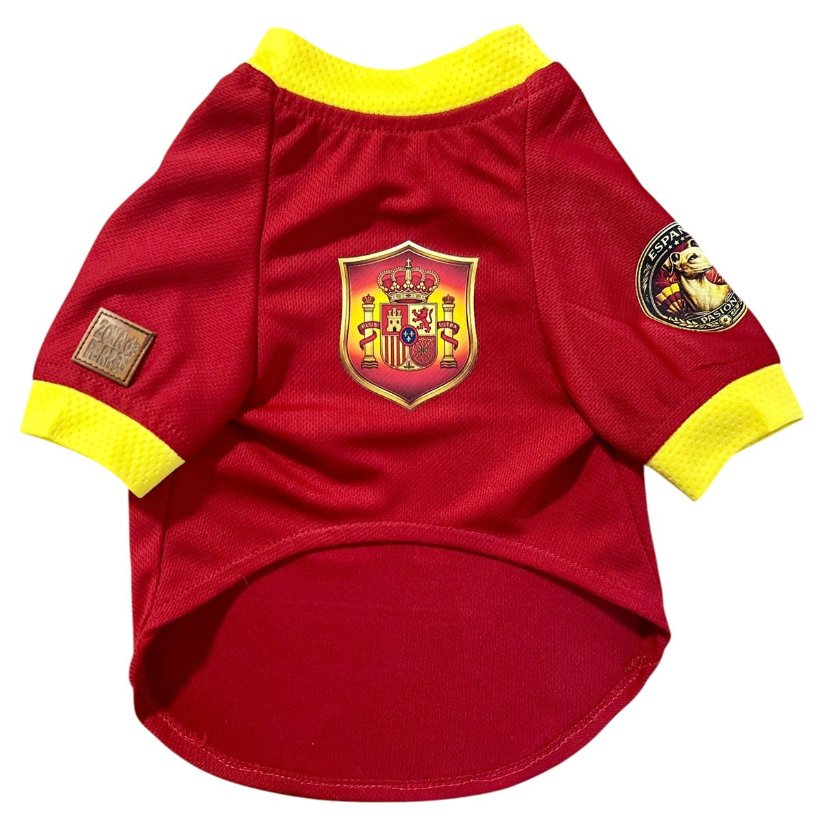 Jersey de fútbol España para perro, color rojo con detalles amarillos, vista frontal con escudo
Jersey para perro Espa