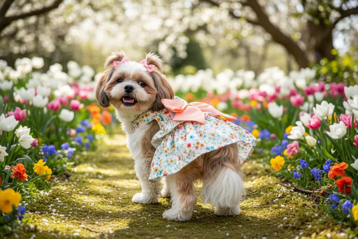Perrita usando vestido de flores de Zona de Perros paseando en jardín de tulipanes