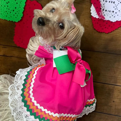 Yorkie modelando vestido jalisco para perro chico, vestido rosa mexicano