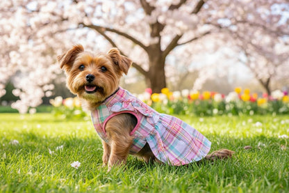 Outfit fresco de primavera para perro vestido rosa a cuadros.