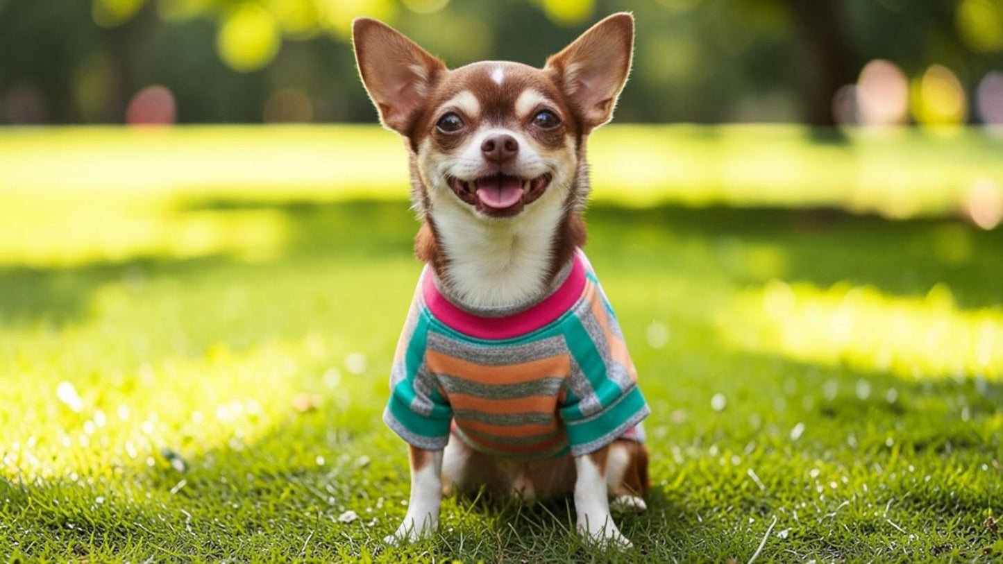 Chihuahua usando playera de rayas de algodón, ropa casual para perro pequeño