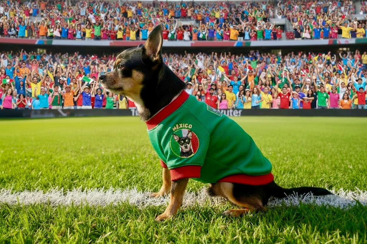 Perrito usando la playera de la Selección de México para perro edición Mundial 2026 de Zona de Perros en un estadio