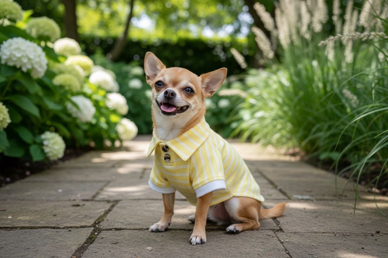 Perro chihuahua usando playera polo amarilla a rayas en el jardín.