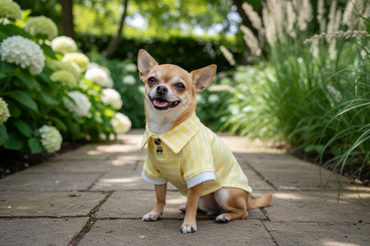 Perro chihuahua usando playera polo amarilla a rayas en el jardín.