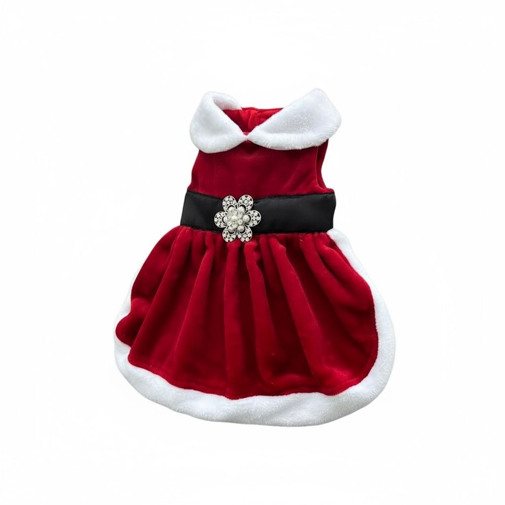 vestido navideño para perro estilo señora clos con moño brillante y cuello blanco