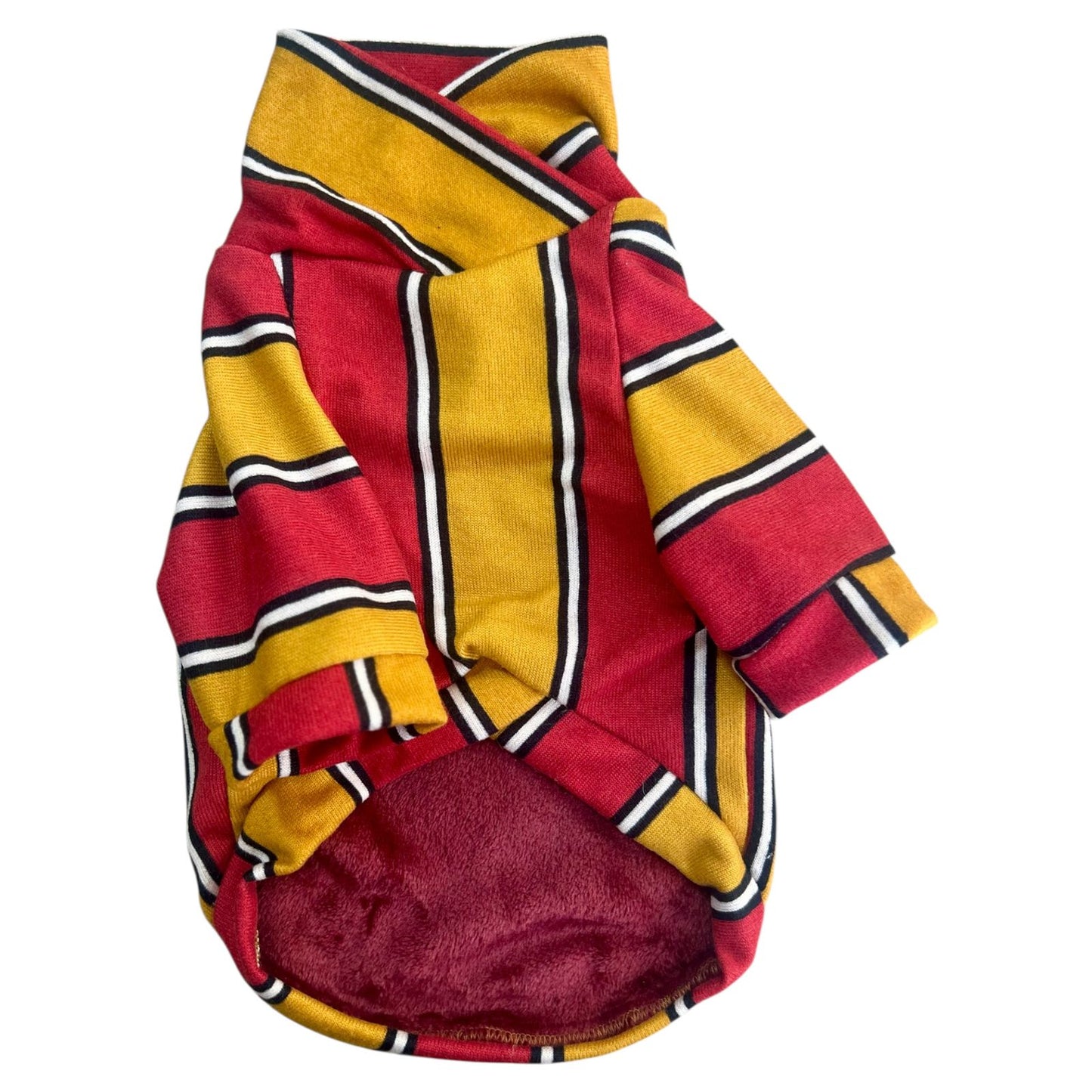 suéter para perro con diseño de rayas vino y amarillas estilo cálido y cómodo