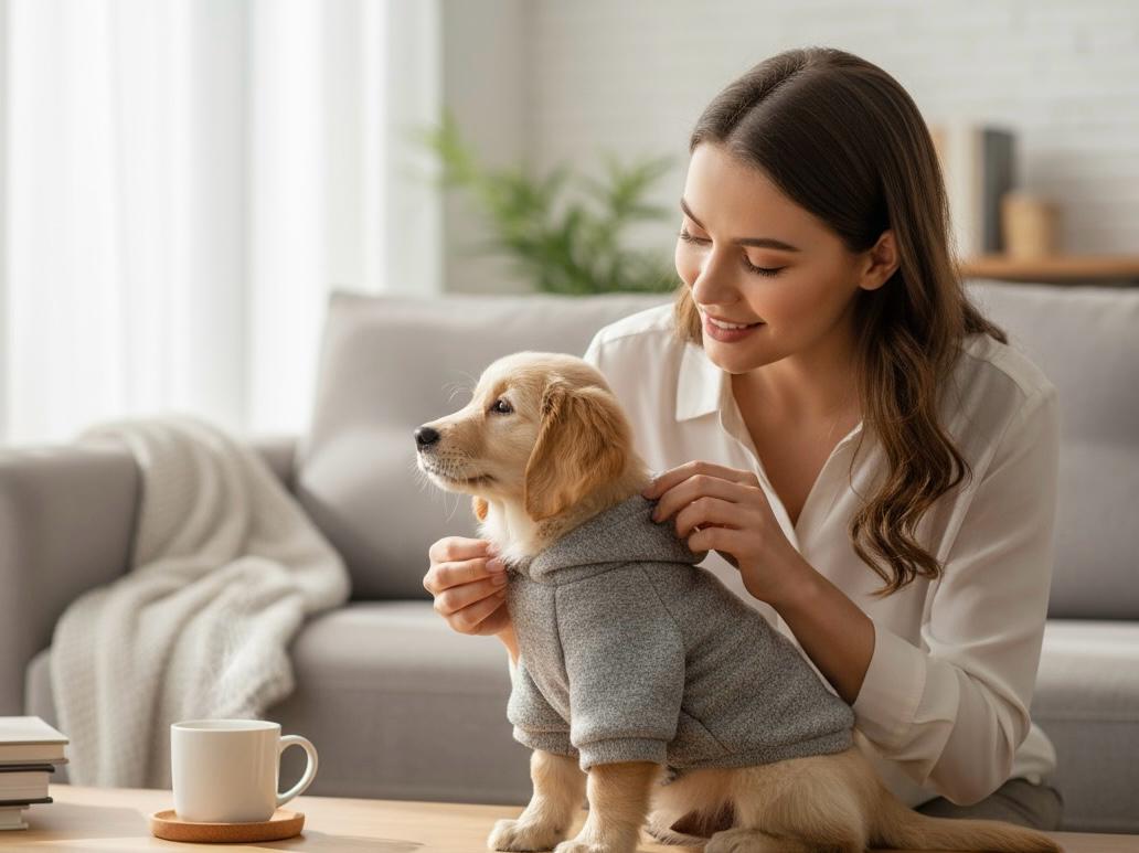 mujer colocando un sueter oslo gris a su perro dentro de casa.
Ropa cómoda y abrigradora de la colección invierno 2025 de Zona de perros.