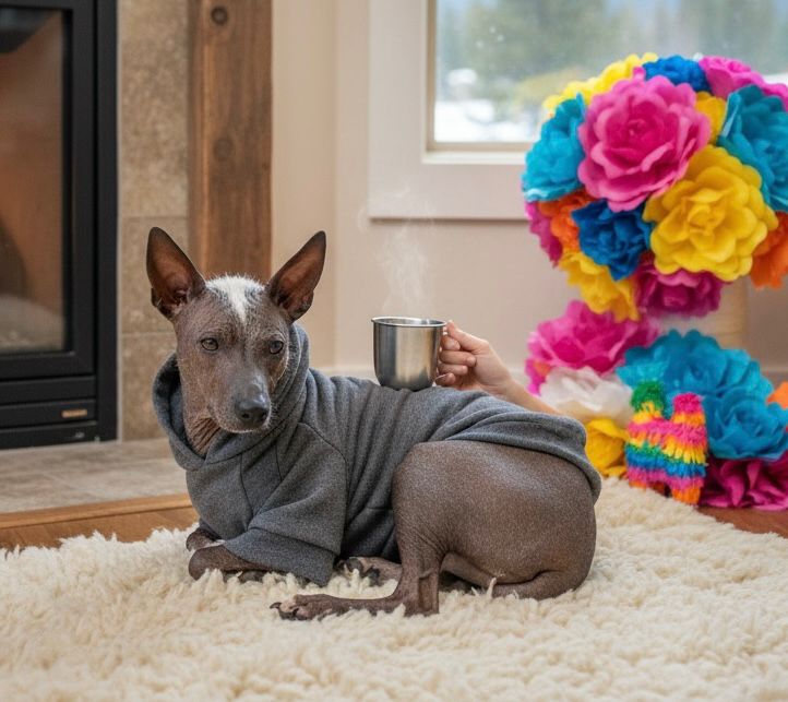 Perro descansando cómodamente con sueter gris jaspe