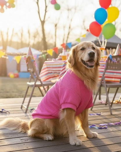 Golden feliz usando sueter rosa fucsia termico en jardin.
Ropa para perro grande