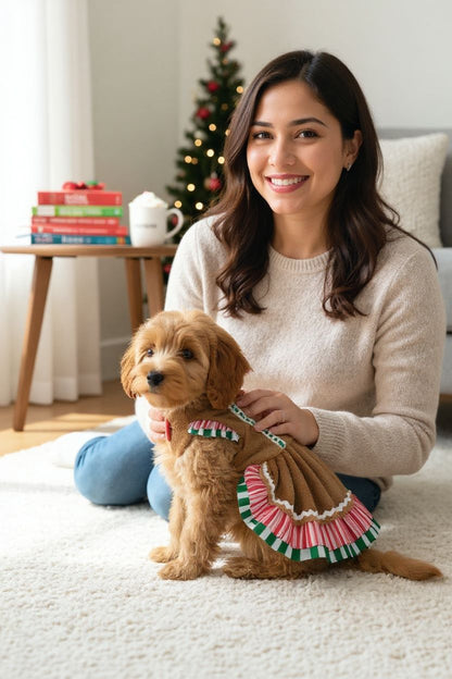 mujer sonriendo junto a su perro vestido con el modelo galletita navideña