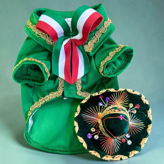 Traje Charro para Perro – Verde Bandera con Moño Tricolor