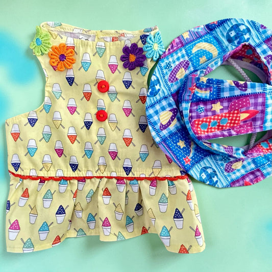 Set de ropa para perrita vestido amarillo estampado y sombrero a juego de primavera