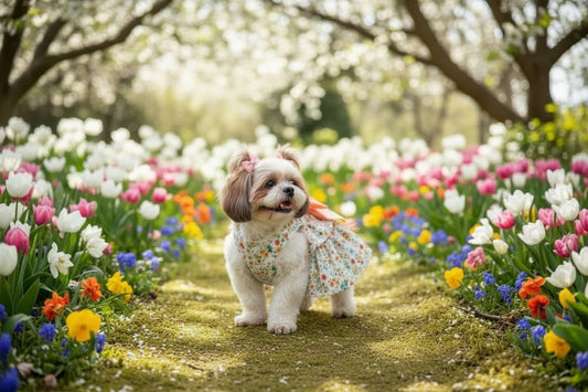 Outfit de primavera para perrita vestido de flores en el parque