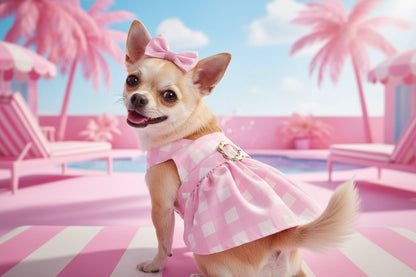 Chihuahua usando vestido rosa cuadros Vichy, ropa de verano para perro pequeño