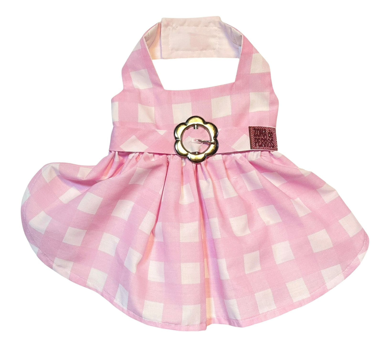 Vestido rosa cuadros Vichy con cinturón floral para perrita, vista frontal