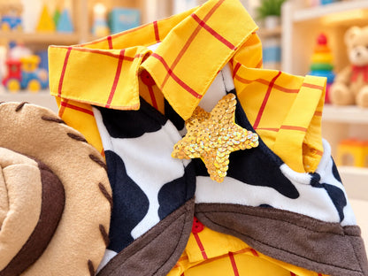 Disfraz de Woody para perro inspirado en el estilo clásico de un vaquero, con camisa amarilla a cuadros, chaleco y detalles decorativos en la parte frontal.