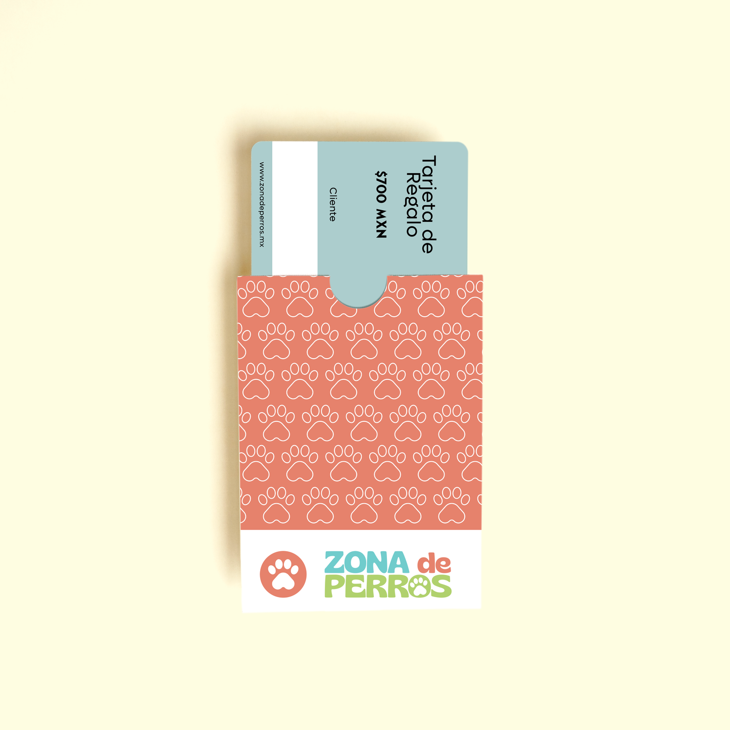 Tarjeta de regalo digital de $700 MXN de Zona de Perros, con diseño de huellitas y sobre rojo. Ideal para regalar ropa para mascotas.